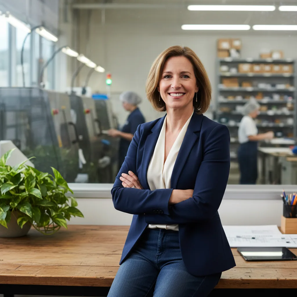 A hiring manager smiling in front of a production floor