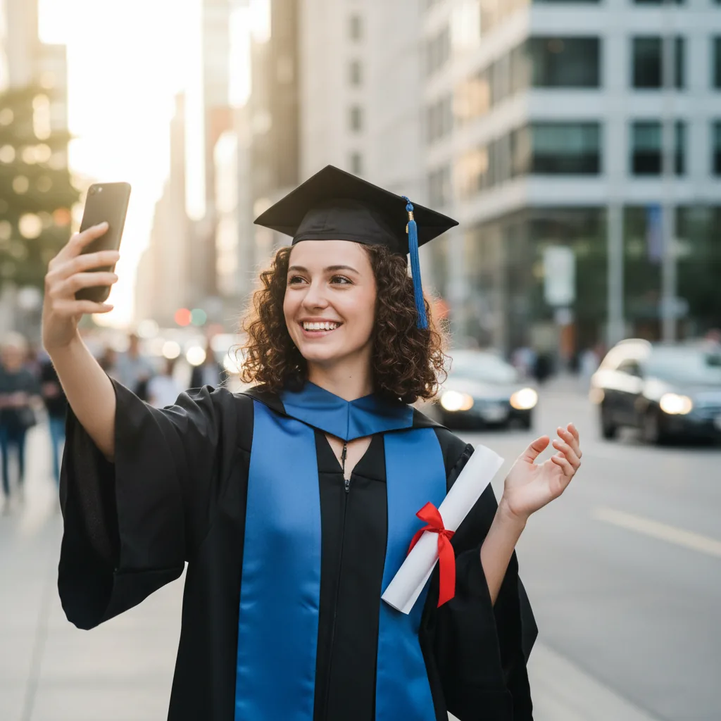 A graduate in a gown smiling and taking a photo outdoors