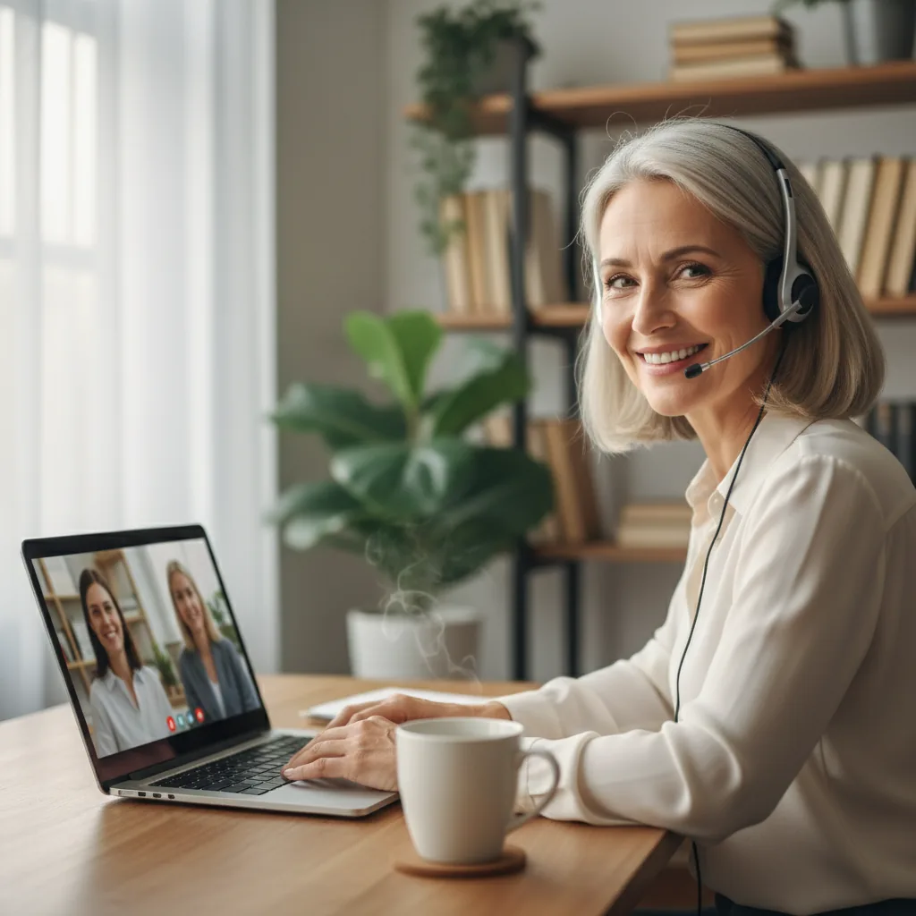 An independent recruiter smiling on a video call from a home desk