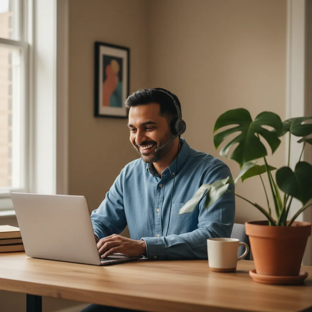 A smiling recruiter on a call from a tidy home office