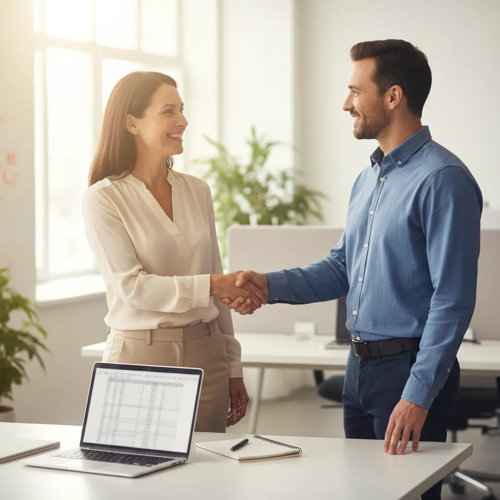 A smiling woman returning to work, shaking hands with her manager in a bright office